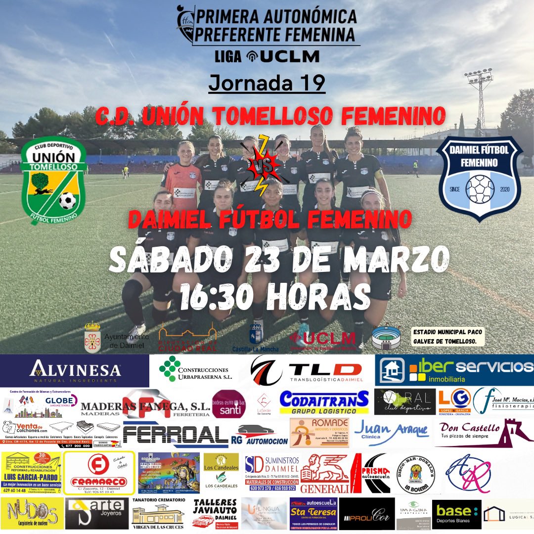 🔜 𝙋𝙍𝙊́𝙓𝙄𝙈𝙊 𝙋𝘼𝙍𝙏𝙄𝘿𝙊  | 𝙅.𝟭𝟵

 🗓️ Sábado 23/03
 🏆 Liga UCLM 1ª Auto. Pref. Femenina
 🕕 16:30 Horas 
 🏟️ Paco Gálvez de Tomelloso 
 🆚 C.D. Unión Tomelloso Femenino 

#Daimielfutfem #PreferenteFemenina #Ligauclm #123abocaos #futfem 

🖤🤍💙