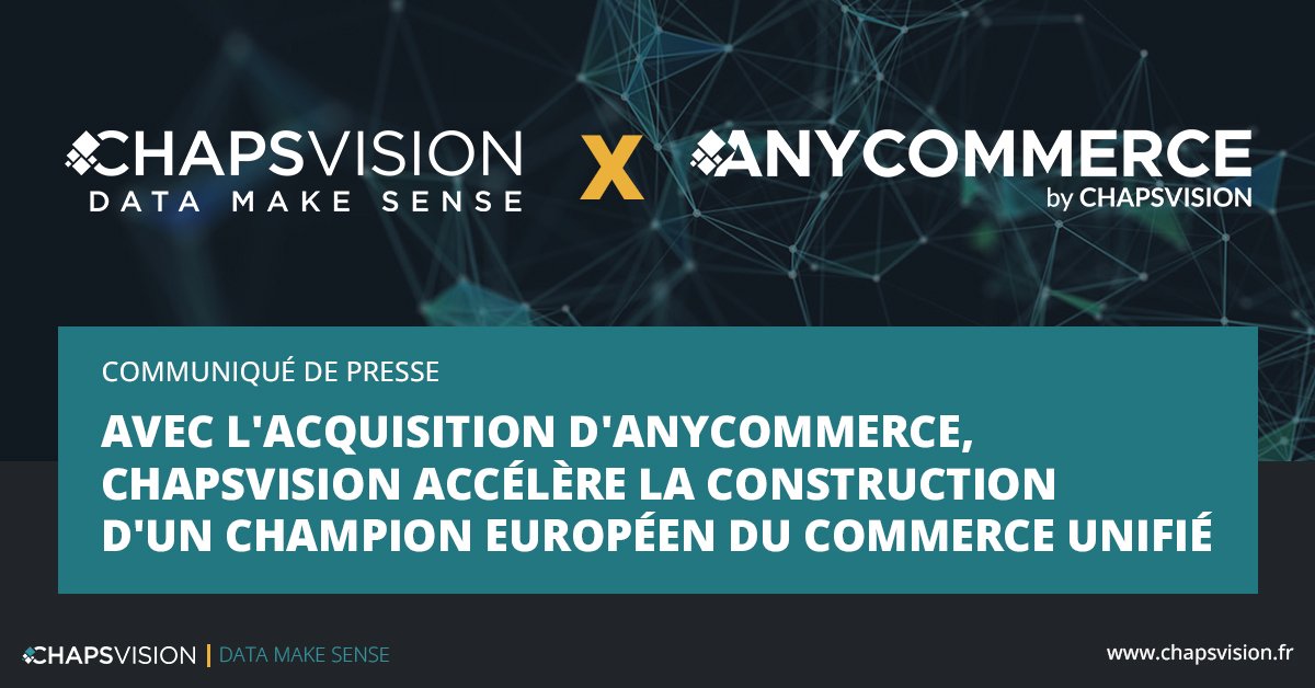 [📢 BREAKING NEWS] <a href="/ChapsVision/">ChapsVision</a> annonce l'acquisition d'@Anycommerce et accélère la construction d'un champion européen du commerce unifié. 🚀
 
Lire le communiqué complet 👉 chapsvision.fr/chapsvision-ac…
 
#acquisition #commerceUnifié #retail #growth #dataMakeSense