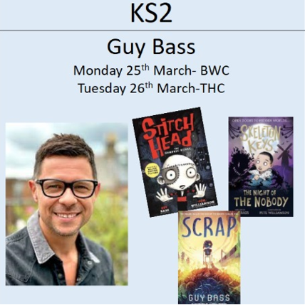 Guy Bass's Author Visit for years 3, 4, 5,and 6 is this Monday, March 25th, at Britwell and Tuesday, March 26th, at Town Hall Pupils can purchase Guys books at any bookshop or online or visit his website: guybass.com/books All books will be signed by Guy if you bring them