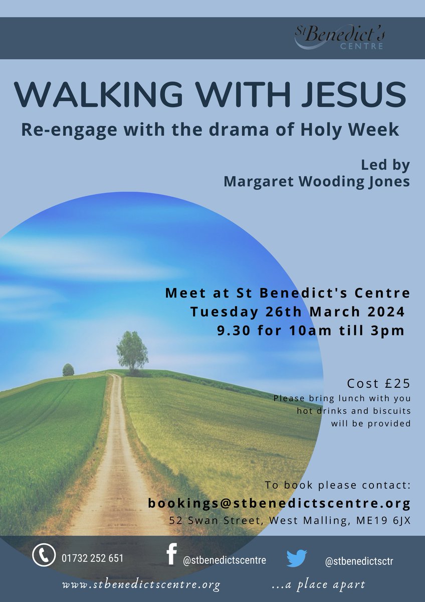 We are looking forward to a lovely springtime Walk with Jesus in Holy Week, on Tuesday 26th. Please book your place: bookings@stbenedictscentre.org Find out about all our events on our website: stbenedictscentre.org/programme/