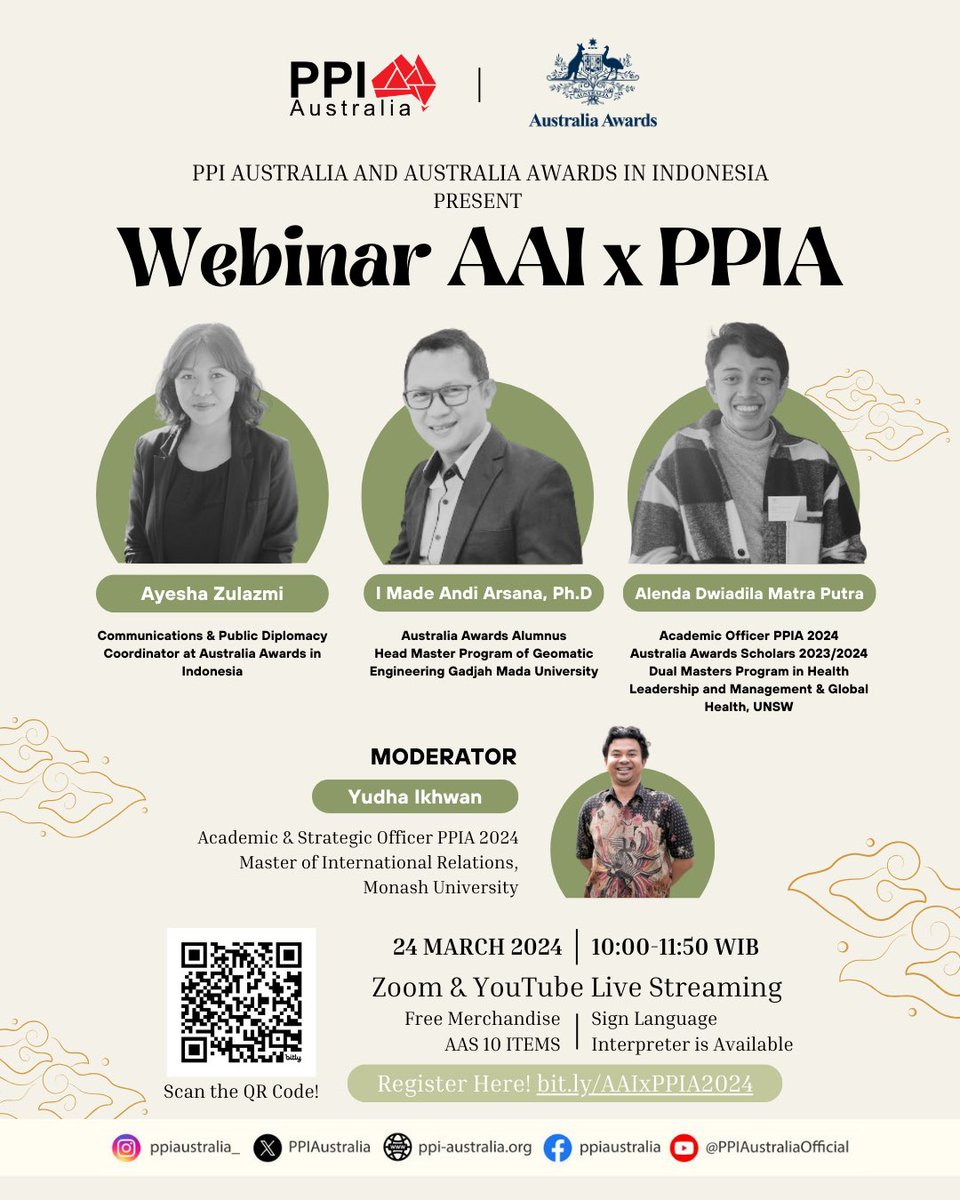 #SobatPPIA, kamu mau INFO EKSKLUSIF tentang Australia Awards Scholarship ⁉️🤯

Jangan lupa untuk mendaftar melalui link atau QR code pada poster! 🏃‍♀️