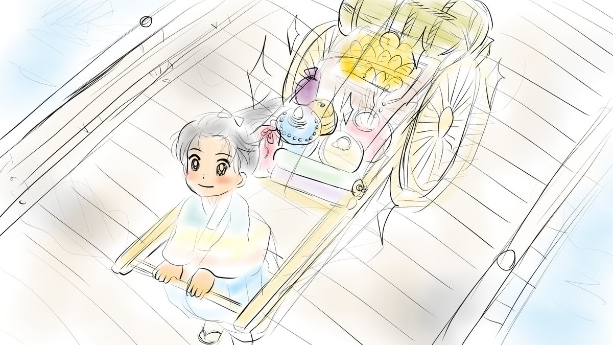 昨日描いた絵です( ゜Д゜)                        
恋の魔法とおまじない719-5色塗り途中
福娘童話集様昔話「若様は一人」ラフ
後はおまけページでラフは終わりです(*'ω`*)  
 #恋の魔法とおまじない 