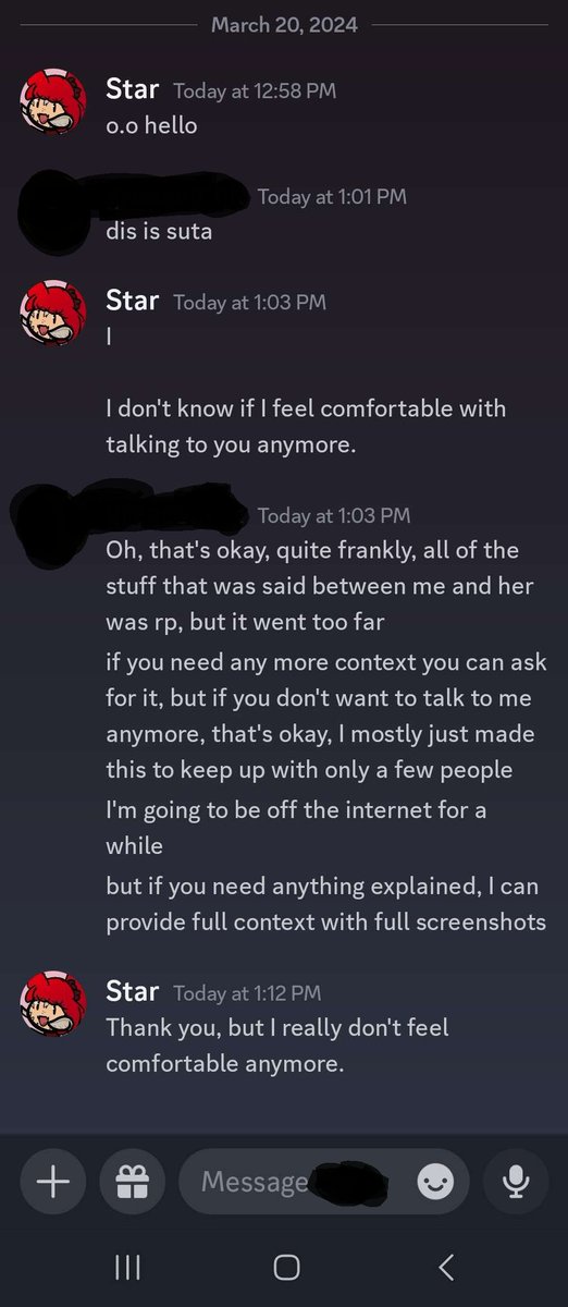sutacallout's tweet photo. Suta recently contacted someone and attempted to downplay everything as "rp that went too far." 
I never consented to any roleplay. 
I never consented to my real life trauma being fetishized.

He is not sorry. Do not ever let him back in this space. https://t.co/DzMmxKVeu1