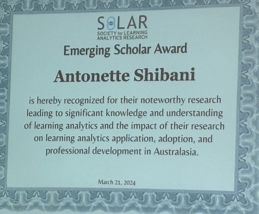 Delighted to receive the 'Emerging Scholar Award' from @SoLAResearch at #LAK24.

Check out my recent works here: antonetteshibani.com/research/
If you're interested in chatting about critical engagement with AI and next-gen writing apps, let's connect! #learninganalytics #GenerativeAI