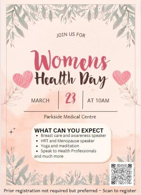 💗Women's Health Day at Parkside Medical Centre.

📅 Saturday 23rd March
🕙 10.00AM

You can expect talks about breast care, menopause, HRT as well as #yogaclasses and #meditationclasses.

 #WomensHealthDay #ParksideMedicalCentre #BreastCare #Menopause #HRT #WomensWellness