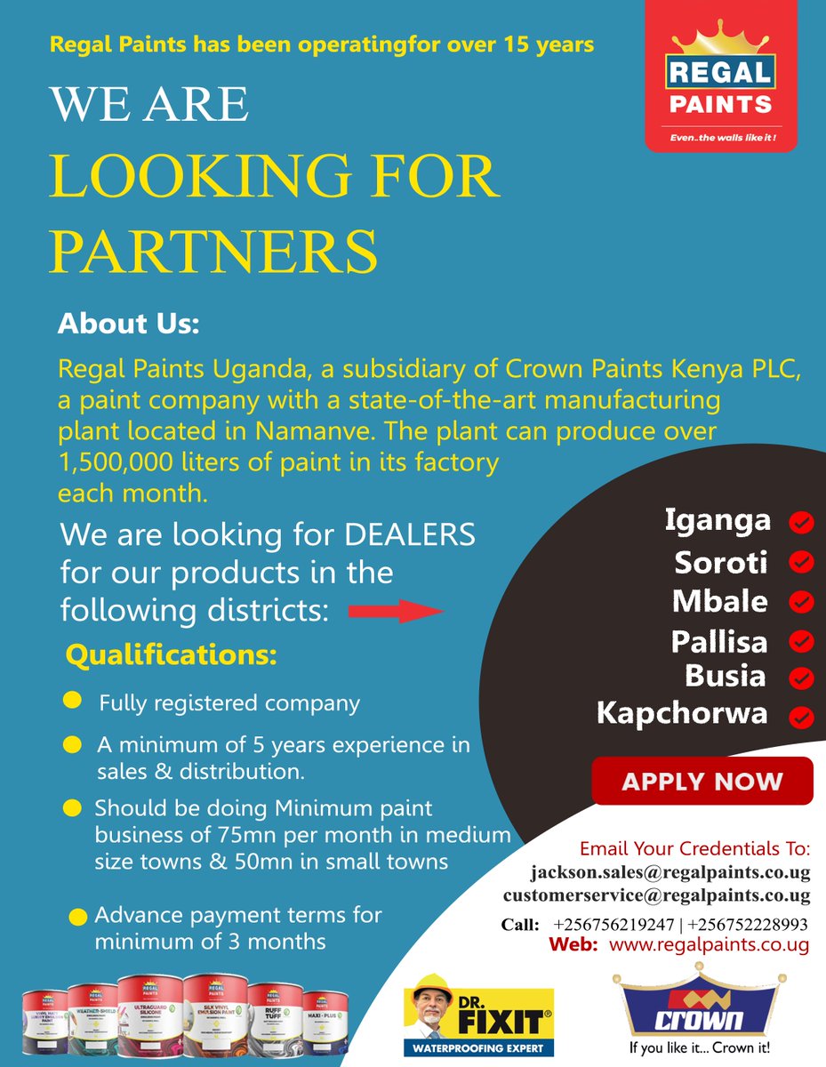 Send in your applications and become our partner today.  #RegalPaints #CrownPaints
@regalpaintsug1