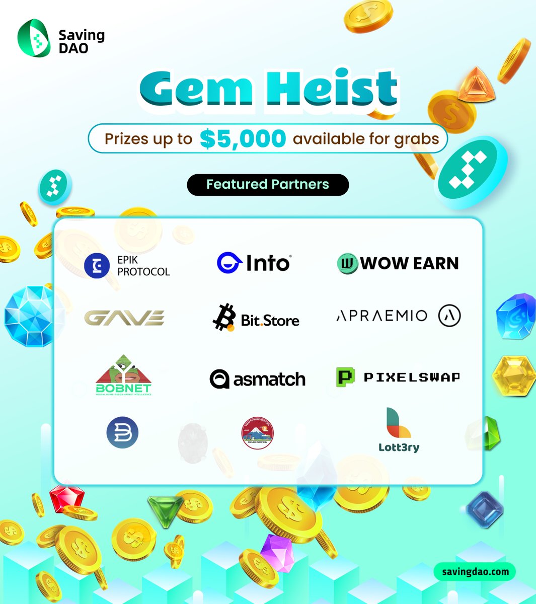 Gem Heist: Unveiling treasure in web3 🚀 📢Teaming up with 12 STRONG partners💪 Prizes up to $5,000 up for grabs💰 Steps: 1️⃣Like, Share, Tag 3 Friends in comment 2️⃣Join👉galxe.com/savingdao/camp… #SavingDAO #SVC #Giveaway