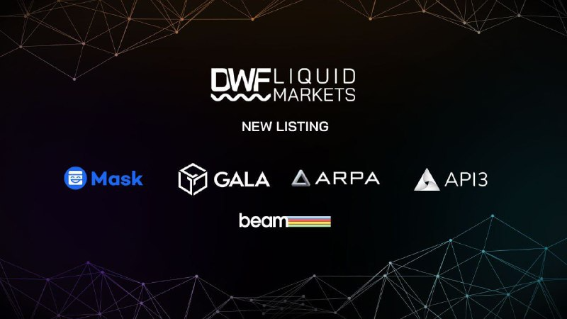 Announcing new listings on our Liquid Markets 🔥

The trading pairs available are:
- MASK/USDT (<a href="/realMaskNetwork/">Mask Network (mask.io)</a>)
- GALA/USDT (<a href="/GoGalaGames/">Gala Games</a>)
- ARPA/USDT (<a href="/arpaofficial/">ARPA Network</a>)
- API3/USDT (@API3DAO)
- BEAM/USDT (@MeritCircle_IO)

Read more: medium.com/@DWF-research/…