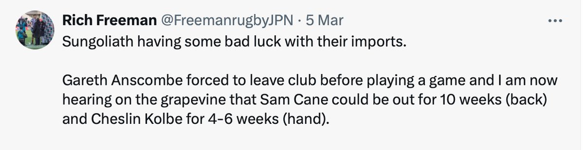 Cheslin Kolbe back in action this weekend. Last game was Feb. 17 so my tweet from March 5 was pretty much spot on! Still no word from Suntory on Sam Cane. #rugbyjp