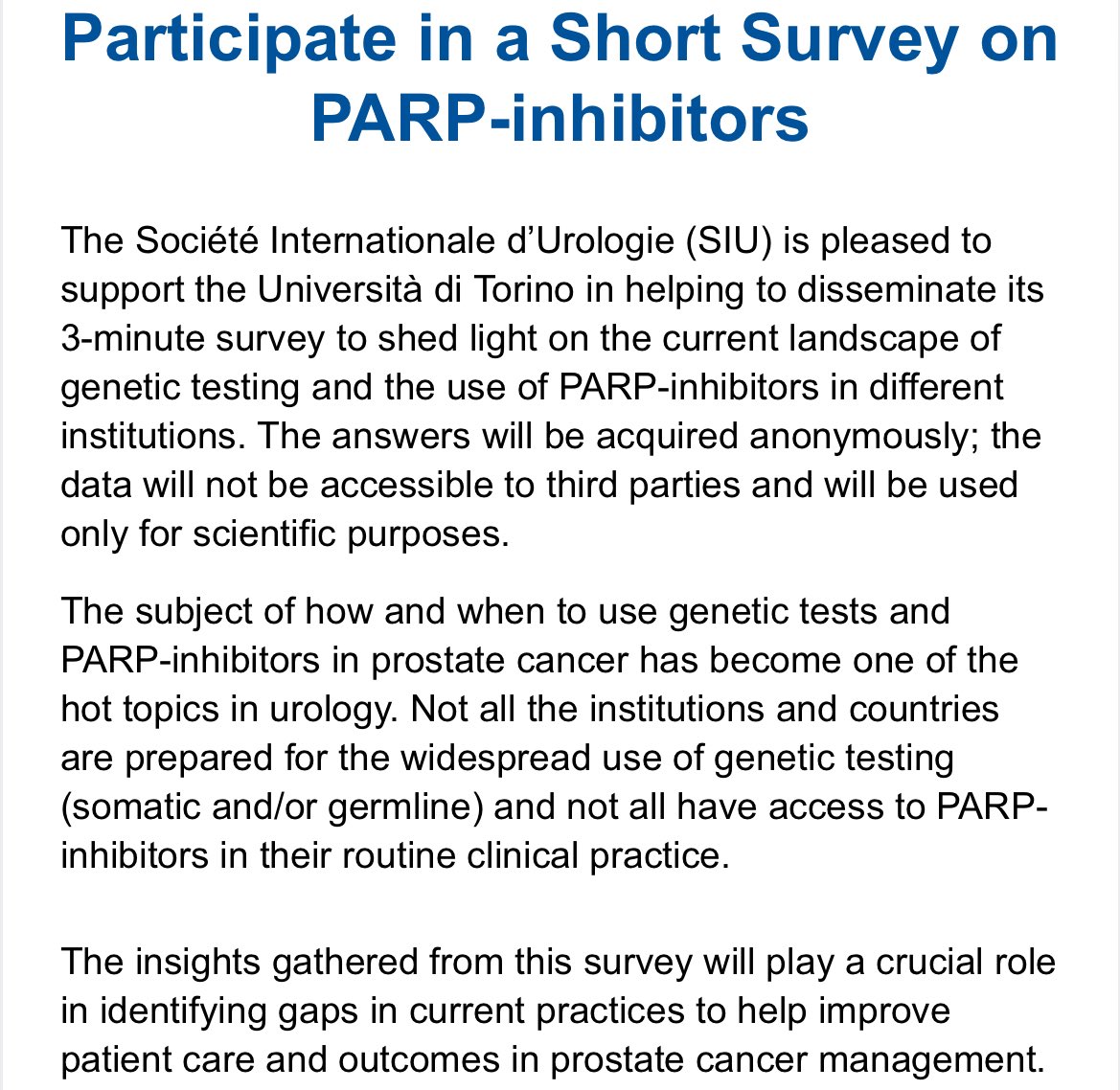 Anímate a participar en la encuesta sobre el panorama actual de las pruebas genéticas y el uso de inhibidores de PARP en diferentes instituciones de la @SIU_urology 👉🏻 aeu.es/Noticias.aspx?…