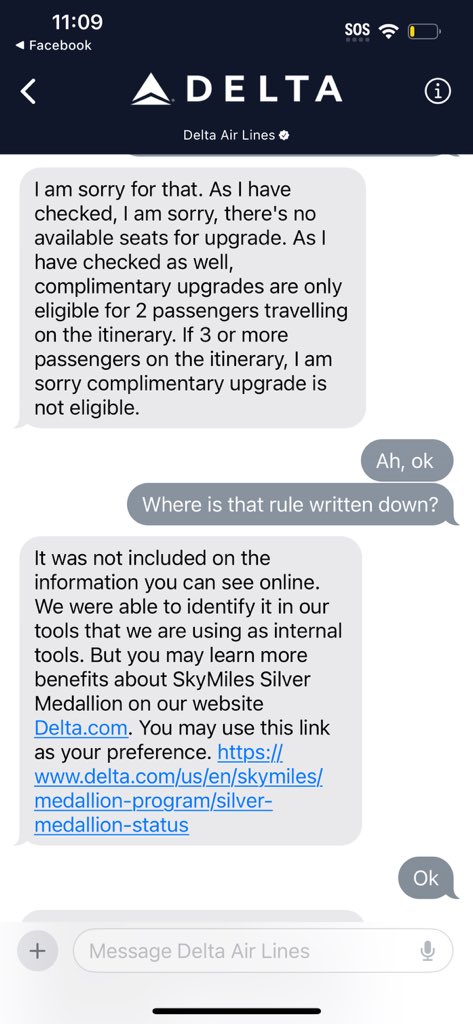 The <a href="/Delta/">Delta</a> shadow policy that parties of 3+ can’t get complimentary upgrades seems kinda unfriendly to families. Why, Delta? (Typing from a practically empty plane where I would have been upgraded if you didn’t have this policy) 🤔🧐