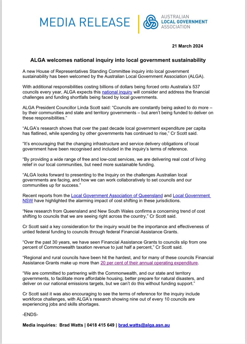 Australia’s 537 councils welcome a new House of Reps Standing Committee inquiry into local government sustainability. @ALGAcomms research shows over the past decade local gov expenditure per capita has flatlined, while spending by other governments has continued to rise.