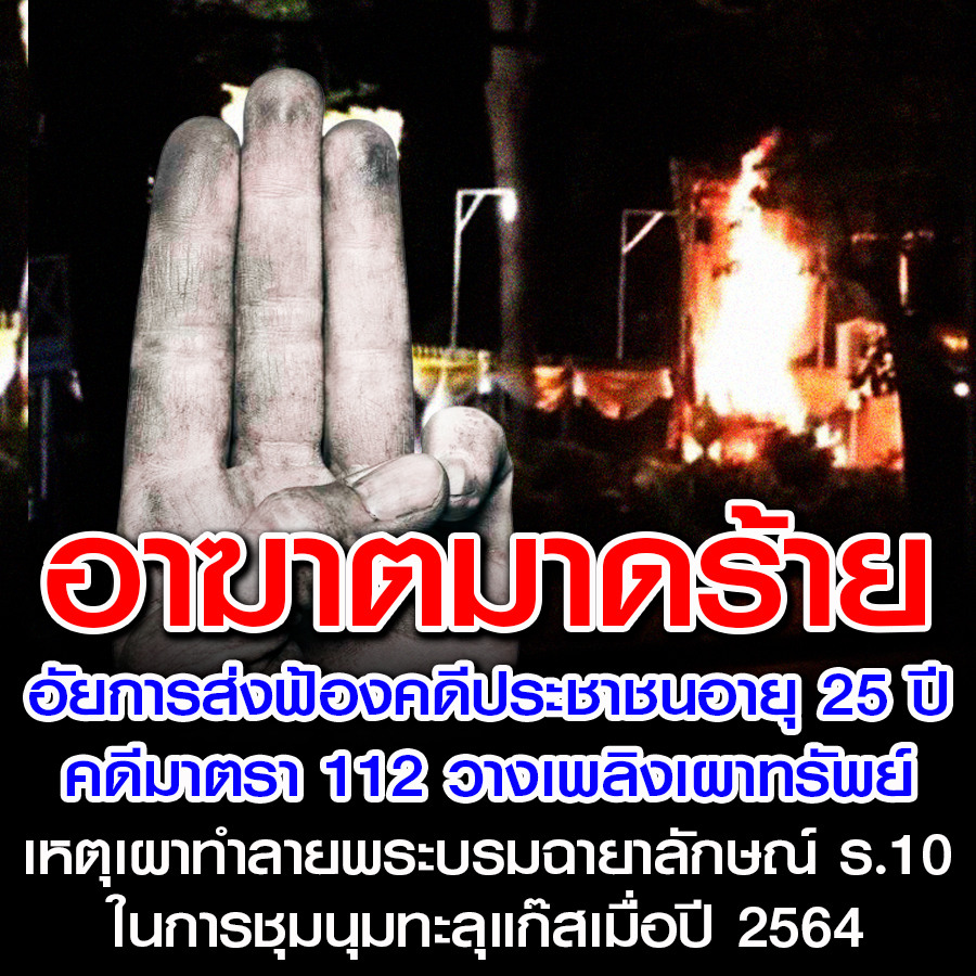 #ศาลอาญา รัชดาฯ พนักงานอัยการ สำนักงานอัยการพิเศษฝ่ายคดีอาญา 4 ยื่นฟ้อง 'จ่อย' (นามสมมติ) ประชาชนอายุ 25 ปี ในข้อหาร่วมหมิ่นประมาทกษัตริย์ #ม112 ร่วมกันวางเพลิงเผาทรัพย์ ร่วมกันมั่วสุมตั้งแต่ 10 คนขึ้นไป ก่อความวุ่นวายในบ้านเมือง จากการชุมนุมของกลุ่มทะลุแก๊สเมื่อวันที่ 6 ก.ย.64