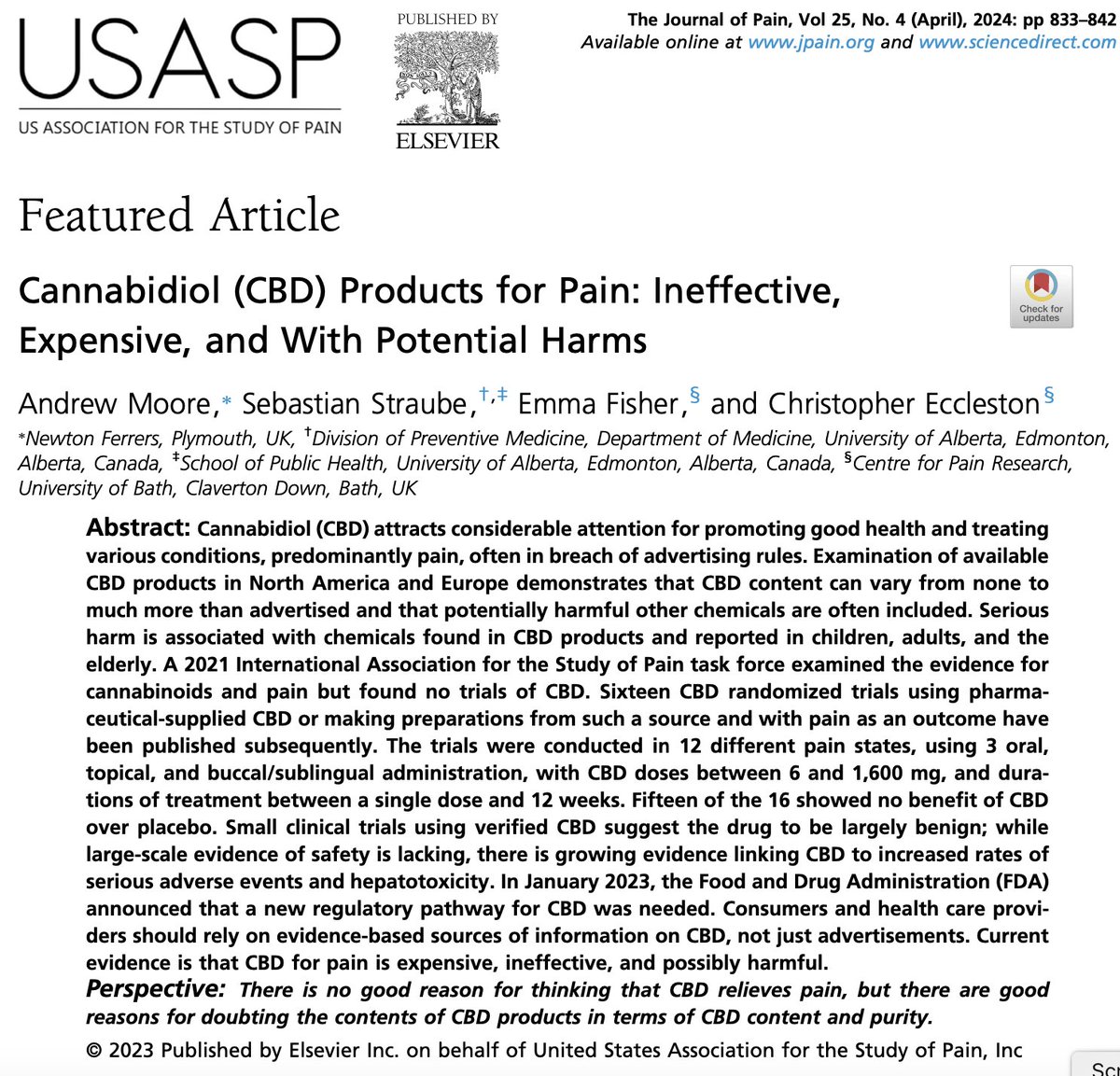 Free to air today in @TheJournal_Pain @EmmaFisher1 @Chris_Eccleston and Sebastian Straube. We found 15 of 16 RCTs of CBD for pain found no effect at all. Another good RCT in @TheLancet since reported no effects. Consumers are being conned by expensive, harmful, quack remedies.