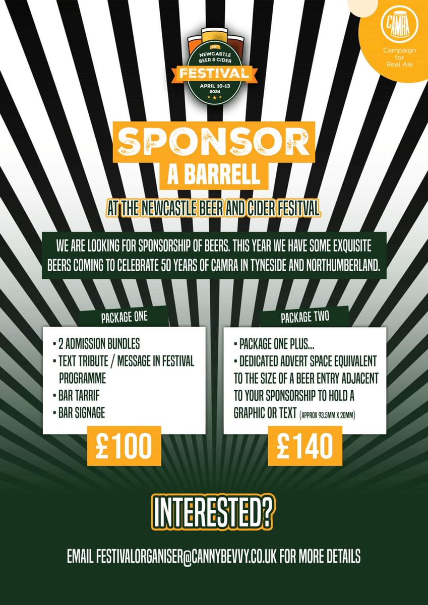 NCL Beer/Cider Fest (@nclbcf) on Twitter photo Are you looking to get your brand recognised by over 3,000 guests in Newcastle next month?
Are you celebrating or remembering a significant event?
Consider sponsoring a Cask from only £100.
Drop the page a message or email festivalorganiser@cannybevvy.co.uk to discuss Are you looking to get your brand recognised by over 3,000 guests in Newcastle next month?
Are you celebrating or remembering a significant event?
Consider sponsoring a Cask from only £100.
Drop the page a message or email festivalorganiser@cannybevvy.co.uk to discuss