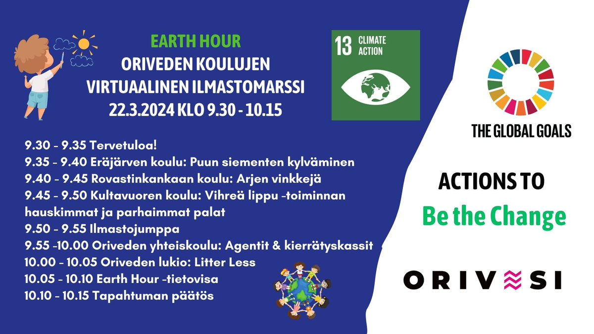 Huomenna Oriveden koulut järjestävät kaikkien koulujen yhteisen Earth Hour -oppitunnin. Virtuaalitapahtumassa pääsemme näkemään oppilaiden esityksiä jokaisesta <a href="/orivesi/">Oriveden kaupunki</a> koulusta. 🌱💚
#EarthHour
#Orivesi
#kansainvälisyys 
#globaalikasvatus
#ClimateAction
