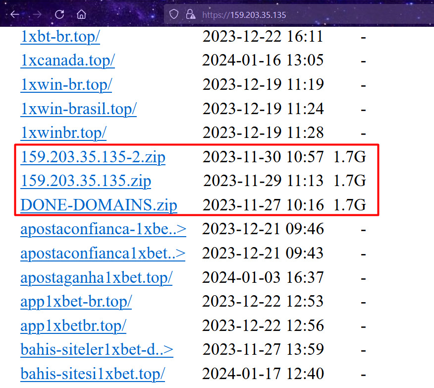 🔎 https://159.203.35.135/ #opendir

Con más de 420 sitios y dominios de casinos fraudulentos... y algo más 😏

1bet-ar[.]top
1bet-argentina[.]top
1bet-ca[.]top
1bet-canada[.]top
1bet-cl[.]top
1bet-co[.]top
1bet-es[.]top
1betcl[.]top
1x-ar[.]top
1x-argentina[.]top
1x-br[.]top