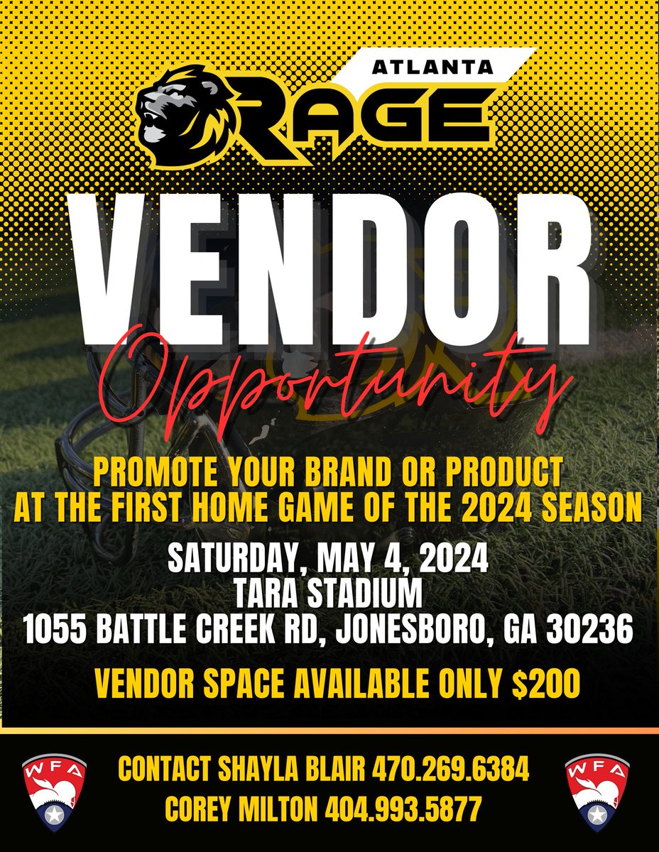 Atlanta Rage Womens Football are looking for vendors for the upcoming season. Season starts in May. Contact Coach Cali or Coach Milton today.
#atlantarage #atlantaragefootball #rbunit #runningbacksonly #runningbacks #atlrage #vendoropportunities #atlantabusiness