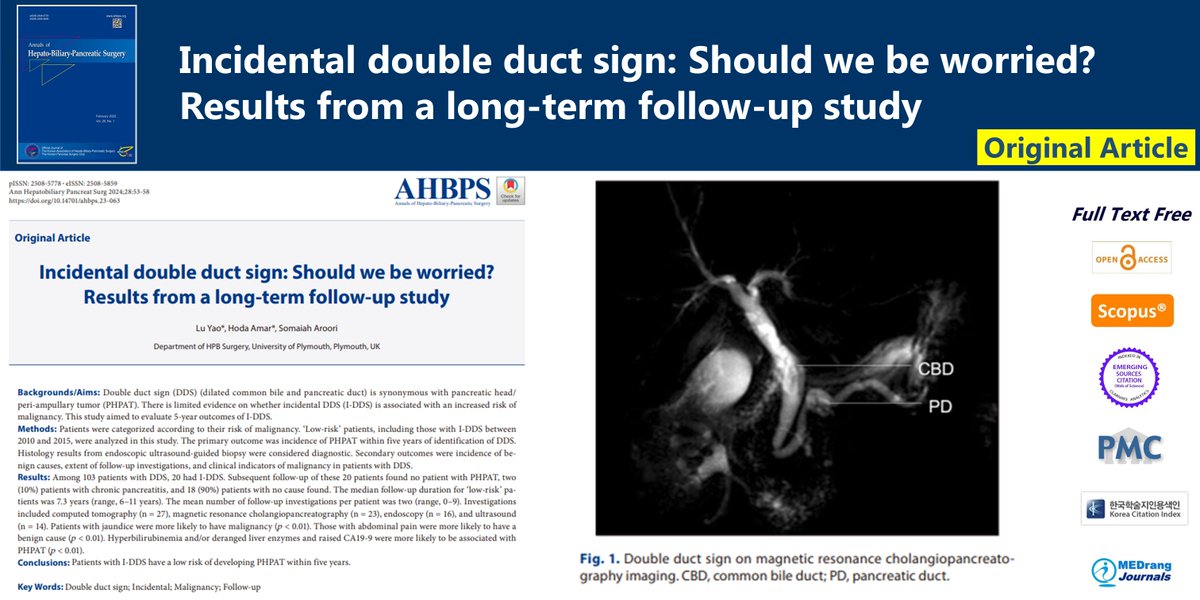 Incidental double duct sign: Should we be worried? Results from a long-term follow-up study 🌷doi.org/10.14701/ahbps… Ann Hepatobiliary Pancreat Surg 2024 Feb;28(1)Lu Yao #Double_duct_sign #Incidental #Malignancy #Follow_up