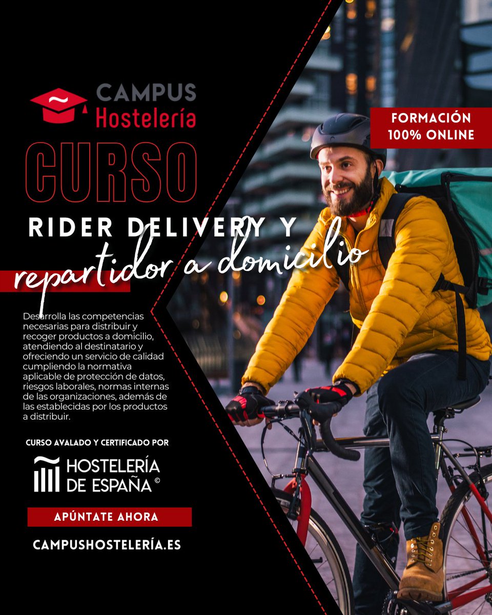 CampusCEHE's tweet image. 👉🏼Apúntate ya en el curso “Rider Delivery y Repartidor a Domicilio&quot;

✅ 30 horas
✅ 100% online
✅ Precio base: 25 €
✅ Precio asociado: 15 €
🔥 Curso avalado y certificado por @cehehosteleria
Más información en goo.su/fjGIfm

#CampusHosteleria #FormacionHosteleria