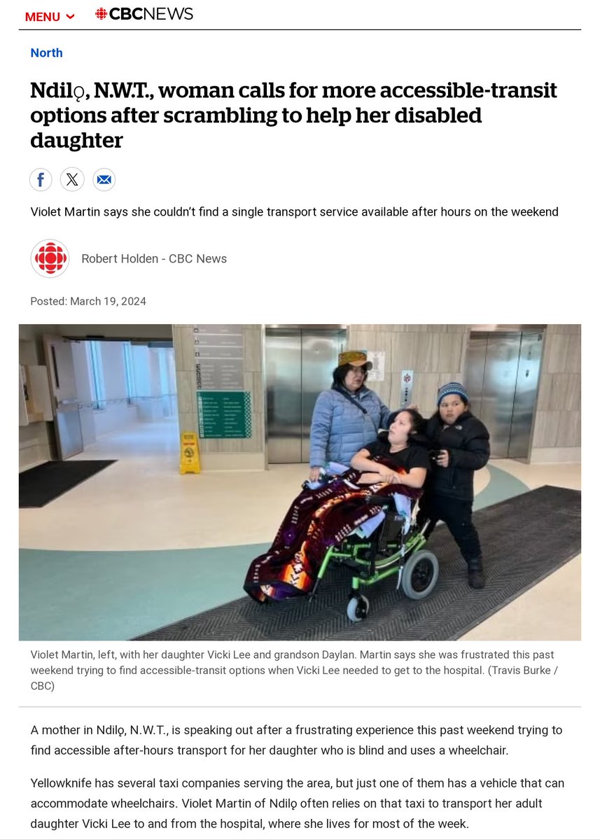 ODSPoor's tweet photo. "Ndilǫ, #NWT, woman calls for more #accessible-transit options after scrambling to help her #disabled daughter

Violet Martin says she couldn’t find a single transport service available after hours on the weekend"
https://t.co/D5xLdNbwpK

#PWDrising #OW #PWD #ODSP #DERB #AISH #EIA #SAID #PEIAAS #AAS #NDMS #MAiD #cdnpoli #NDIP #disability #neurodiverse #Neurodivergent #odspoverty #PWDallies #humanrights #un_enable #canpoli #follow #retweet #canada #disabilitytwitter #ableism #poverty #homelessness #hunger #canadiandisabilitybenefit