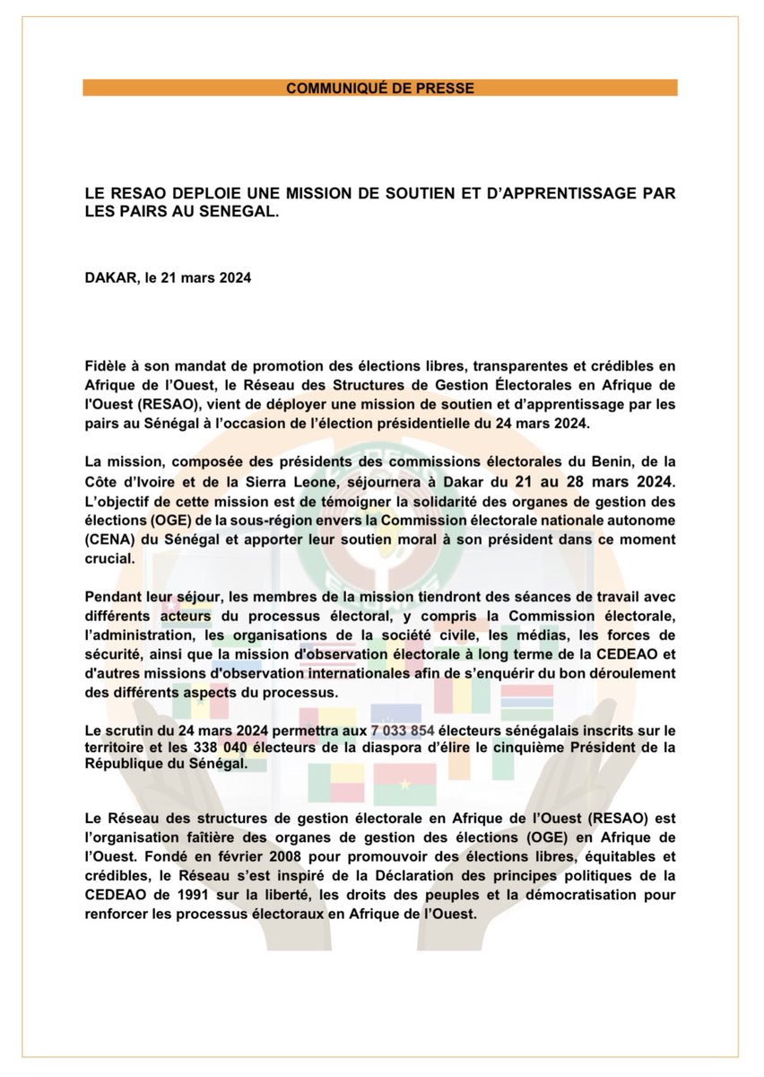 @econec_resao deploys Peer Leaning Mission in Senegal for March 24,2024 presidential election. @econec_resao déploie une mission de soutien et d’apprentissage par les pairs au Sénégal pour les élections présidentielles du 24mars 2024.