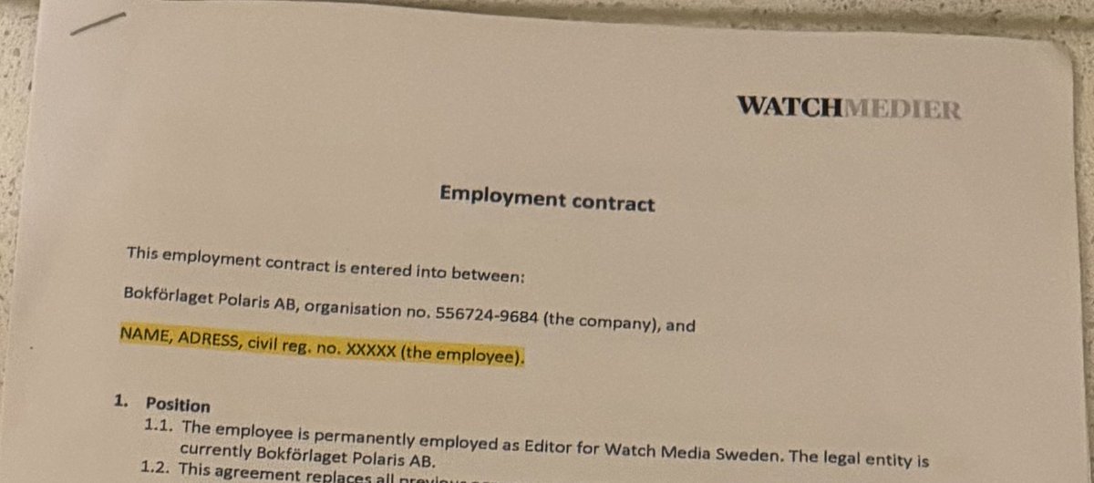 Kommer danska WatchMedier att etablera sig i Sverige? Att döma av det anställningskontrakt jag hittade på herrtoaletten under MediaSummit så är det nära nu. 
Läs mer i mitt nyhetsbrev Malmsten om Medier.