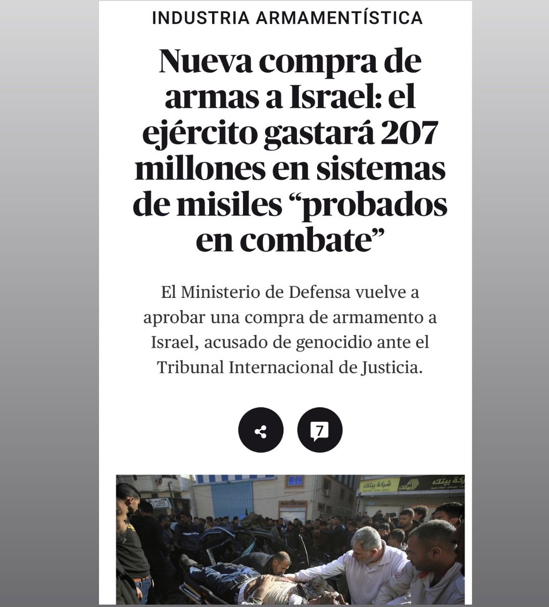 JesusCintora's tweet photo. “Nueva compra de armas de España a Israel, acusado de genocidio contra los palestinos ante el Tribunal Internacional: el ejército gastará 207 millones en sistemas de misiles ‘probados en combate’” https://t.co/vYr5iOpTB0 https://t.co/gJ8UelLYvy