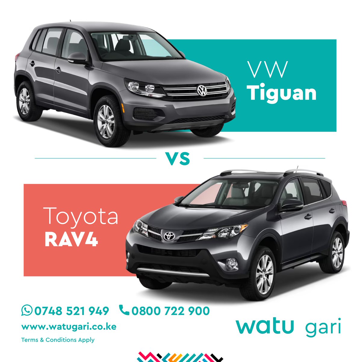 Which powerhouse will dominate the roads? Are you Team VW #Tiguan or Team Toyota #RAV4?   

Apply online: watugari.co.ke 

We are on WhatsApp: 0748 521949  #DriveNdotoZako with Watu Gari's car financing.
