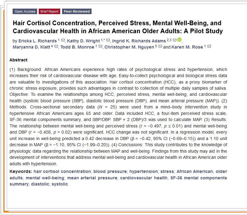 A pilot study on 'hair cortisol concentration, perceived stress, mental #wellbeing, and #cardiovascular health in African American #older adults' #Psychological #bloodpressure #hypertension #mentalhealth @rightkay @OhioState @MediPharma_MDPI 👉mdpi.com/1611736