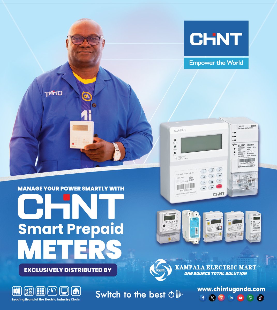 MANAGE YOUR ELECTRICITY BILLS SMARTLY WITH THE CHINT SMART PREPAID METER.
1. Made By Chint Meter and Electrical Uganda C0., Ltd
2. Exclusively Distributed by Kampala Electric Mart Ltd
#electricmeters #electricmeters #powermeters #powermeters #prepaidmeters
#chintuganda