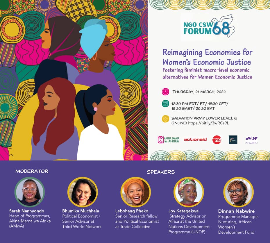 Are you at #CSW68 New York? Come let us reimagine economies that enable women, girls and marginalized communities to have a dignified existence. Join us for this session physically at the location and time on the poster or virtually by registering here: bit.ly/4chS9XU