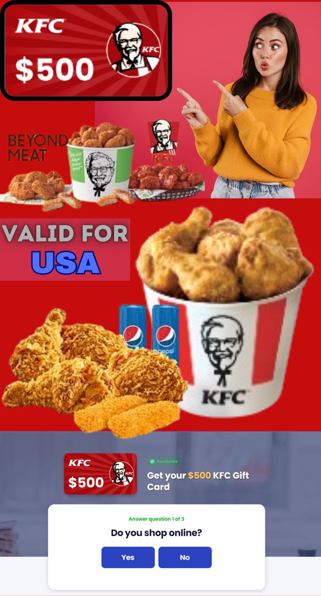 IMRANHA37110908's tweet photo. Answer some simple questions And Have a chance to Win a $500 KFC Gift Card Now!(USA) https://t.co/PF99GyYch3 #KFCwinningmoment #KFCgiveawaywin #KFCwinwithus #KFCwinningentry #KFCprizegiveaway #KFCwinningexperience #KFCwinningseason #KFCwinningcampaign #KFCwinnerscircle #KFCwin https://t.co/2ulMso9Y5D