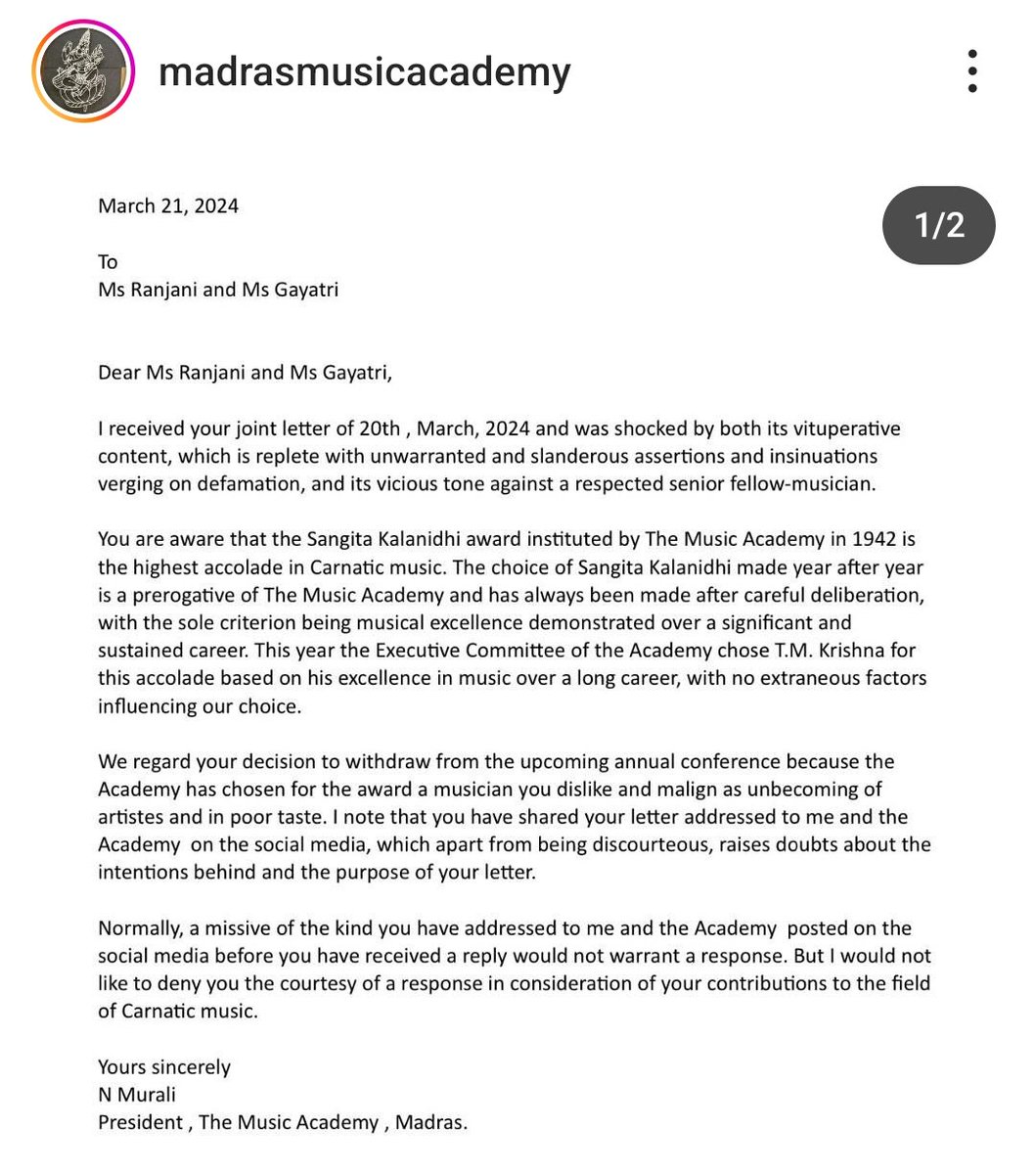 Such a fitting reply from Music Academy, showing they have a spine and can stand up to these bigots with a vile personal vendetta. Happy to see this. Please return awards, stop performing, whatever. The trash is finally taking itself out. More and more power to @tmkrishna ❤️