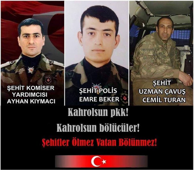 SehitlerimGazim's tweet photo. Şehit PÖH Komiser Yardımcısı Ayhan KIYMACI 
Şehit PÖH Emre BEKER
Şehit Uzman Çavuş Cemil TURAN

Nusaybin ve Şırnak Şehitlerimizi, Şehadetlerinin yıldönümünde rahmet ve minnetle anıyoruz. Dualarımız Şehitlerimiz için. https://t.co/y5k5X56Y2D