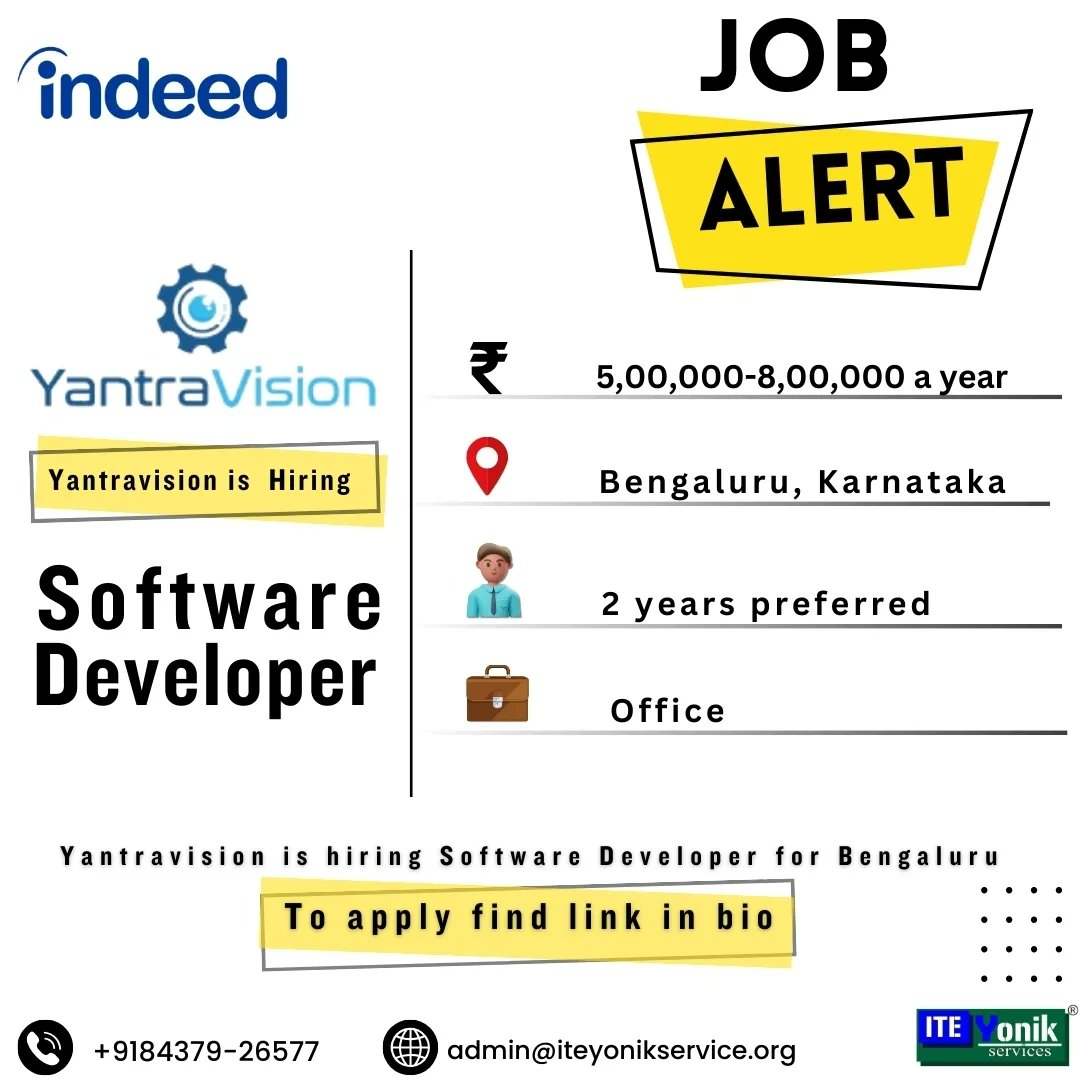 ITEYONIKService's tweet image. Yantravision is hiring #software_developer
Resource credit @indeedworks
Job Alerts by @iteyoniks_training_internships
t.ly/lamOl
#Iteyoniks #jobalert
#Naukri #Indeed #NowHiring #JobOpening
#joblisting #JobFair #jobposting #applynow #vacancy #bengaluru #karnataka