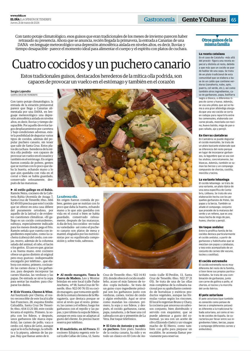 AlfonsoJLT's tweet photo. 🤍💙💛 Cuatro #cocidos y un #puchero canario: estos tradicionales #guisos, destacados herederos de la mítica olla podrida, son capaces de provocar un vuelco en el estómago y también en el corazón 🥣 vía @eldia @sergioloj 

#HabráQueComer #SaboreandoCanarias https://t.co/B5QzDWLtC3