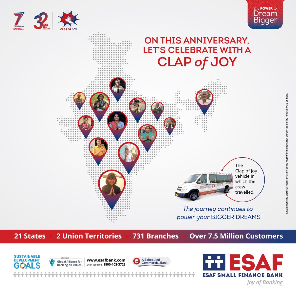 Clap of Joy is a journey to celebrate the 7th anniversary of the bank and the 32nd Foundation Day of ESAF as a social entity. The crew travelled through India's heartlands in a themed vehicle. The impact was clearly evident from the feedback of the customers. #ClapOfJoy