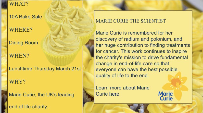 SBCVATeamBlue25's tweet photo. You’ll be guaranteed to pick up something wonderful today if you support 10A with their @mariecurieuk bake sale at Lunchtime
#SBCVAPLEDGES 🏔
@StBenedictDerby https://t.co/EIxmtfAvB2