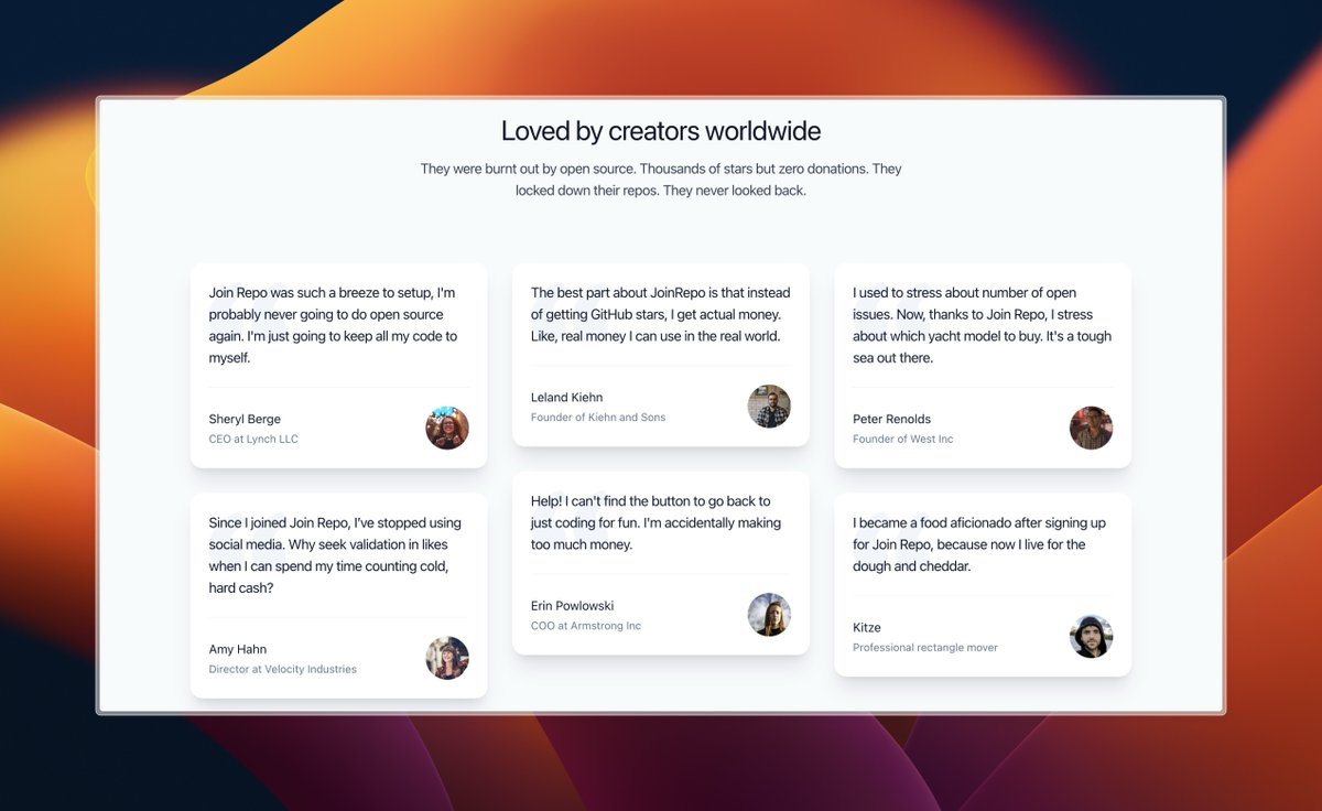 the testimonials section for @joinrepo is done