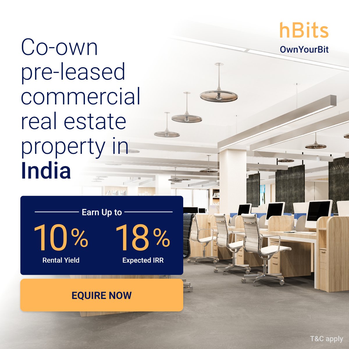 Ready to take your investments to the next level? Invest in commercial real estate through fractional ownership with hBits and earn life-long returns. Start investing from INR 25 Lacs & earn - Rental Yield up to 10% Expected IRR up to 18% #hBits #ownyourbit #FractionalOwnership