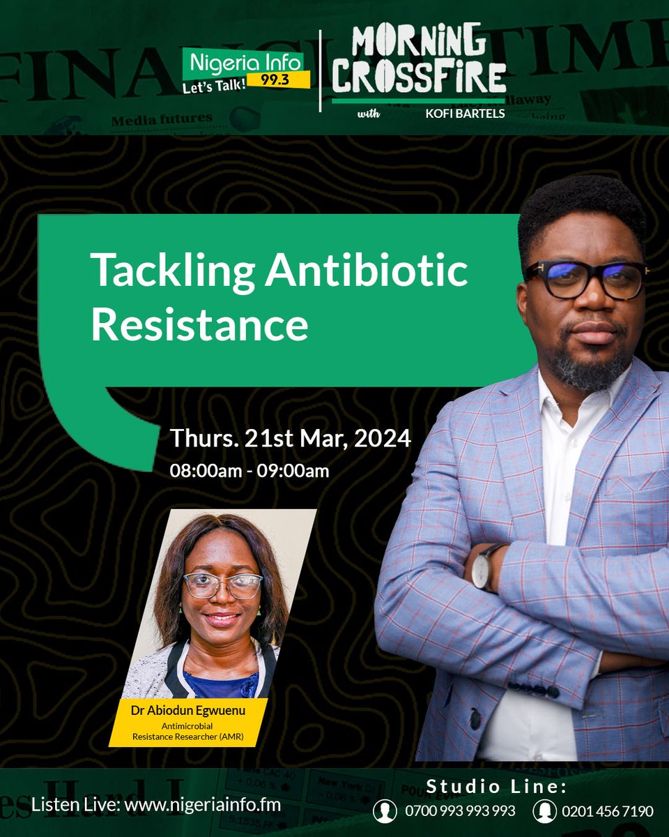 Its Health Thursday 👨‍⚕️ on the #MorningCrossfire and @Kofi_Bartels is discussing Antibiotic Resistance with Dr. Abiodun Egwenu, an AMR Researcher.

Join the conversation... #LetsTalk 

📻 nigeriainfo.fm/lagos/player to listen from anywhere!