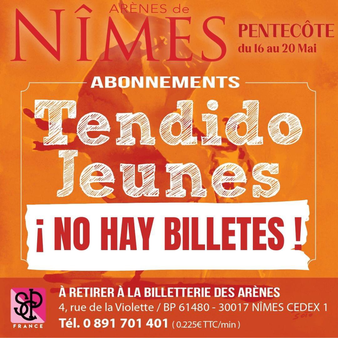 ArenesNimes_SCP's tweet photo. ¡ NO HAY BILLETES pour les Tendido Jeunes en 24h !

Nous sommes fiers d'annoncer le premier "No Hay Billetes" de la saison puisque la totalité des abonnements Tendido Jeunes ont trouvé preneur ! #Nîmes #JeunesseTaurine #Ouiàlacorrida https://t.co/06EYrWhyBu