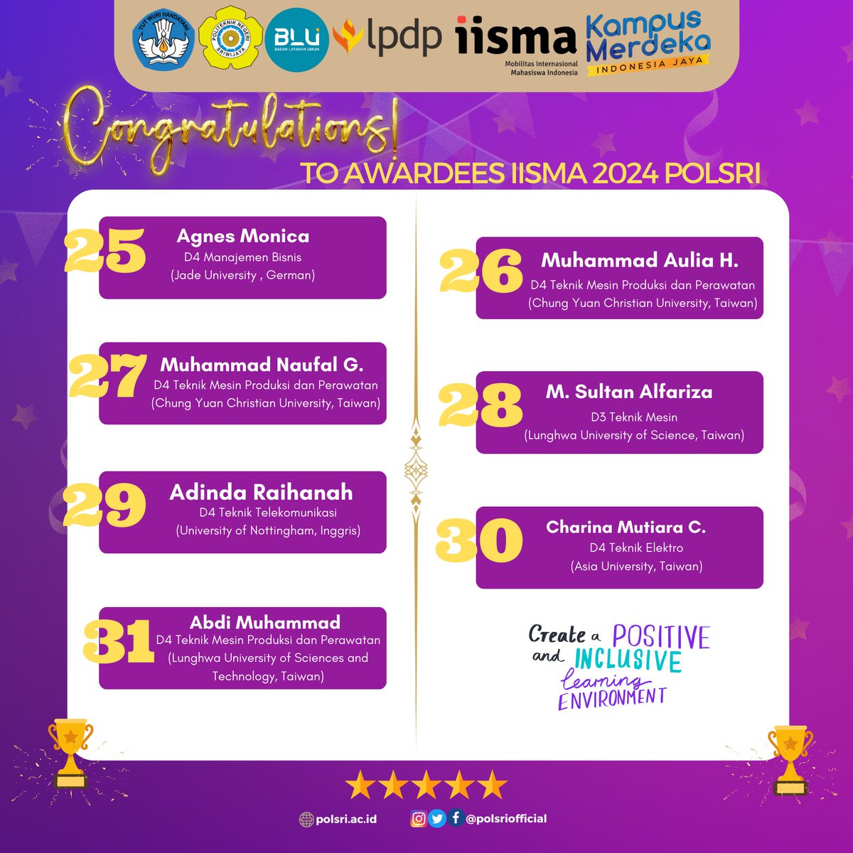 Congratulations !!! Selamat kepada seluruh awardees IISMA 2024 Politeknik Negeri Sriwijaya yang telah lolos. Tetap semangat dan berprestasi ya !!!

Jangan lupa kunjungi : www polsri ac id

Follow juga sosial media : @polsriofficial 

#iisma
#iisma2024
#studentexchange
#polsri