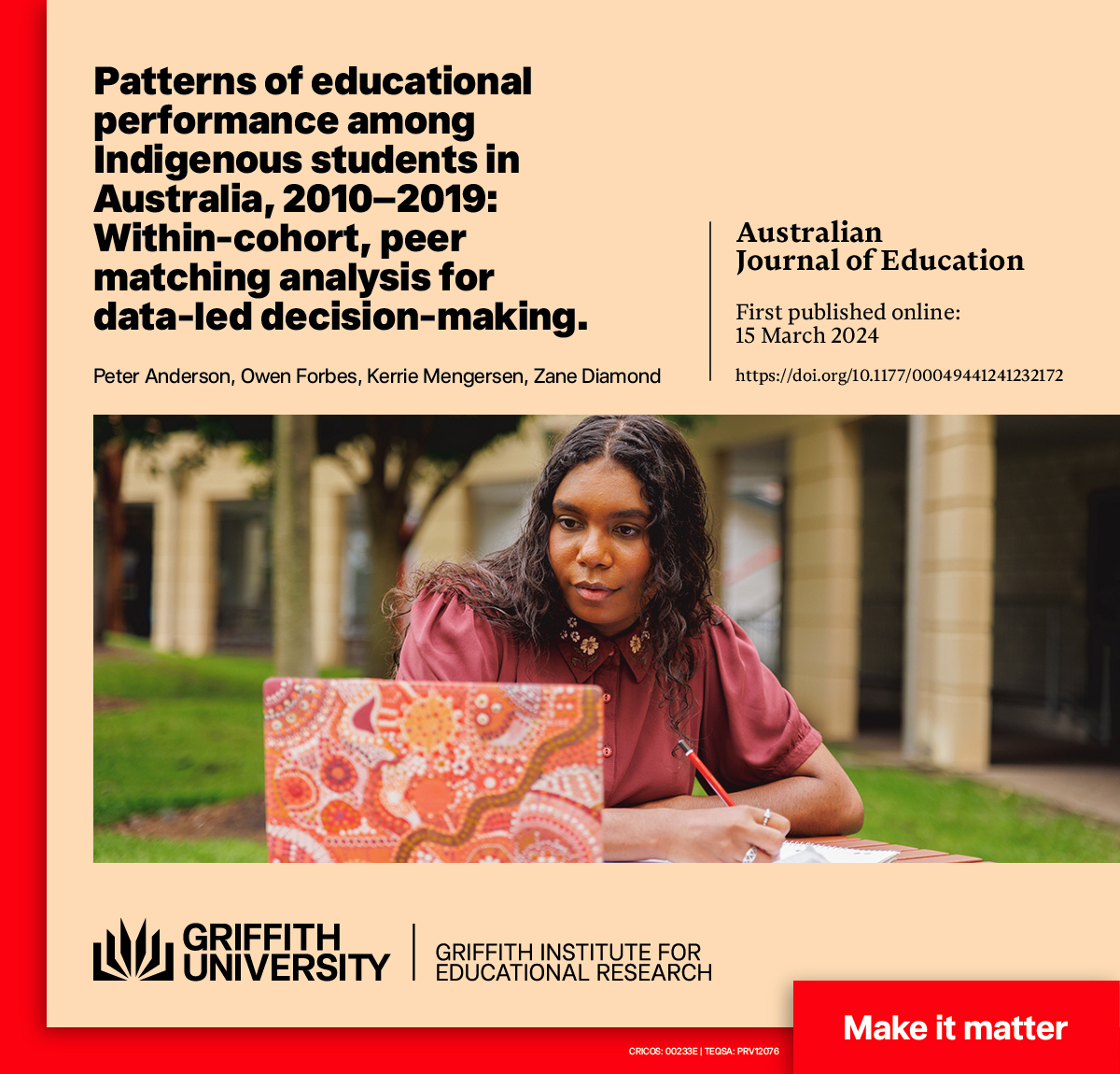 New Publication Alert 📢 @GIER_edu member Prof.Peter J. Anderson, PhD, SFHEA, MAIATSIS, FQA and colleagues have just published an important article Patterns of Educational Performance among Indigenous Students in Australia, 2010–2019: Within-cohort, peer matching analysis for