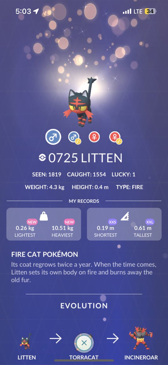 FlamingHuman's tweet photo. I’m late posting this but better late than never. Litten community day recap!

🪝 1279
✨ 57
💯 0
Stardust (w/ star piece): 495k
XLs: 1563

#PokemonGO https://t.co/bkh1CQzNNI