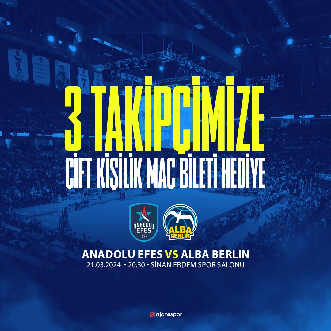 🤩 Anadolu Efes,ALBA Berlin'i Sinan Erdem Spor Salonu'nda konuk ediyor!

🎟️ Bu tweet'i RT edip beğenen ve  <a href="/radyospor/">Radyospor</a> ile  <a href="/ajansspor/">Ajansspor</a>'u takip eden 3 kişiye çift kişilik maç bileti hediye ediyoruz!

<a href="/AnadoluEfesSK/">Anadolu Efes SK</a>