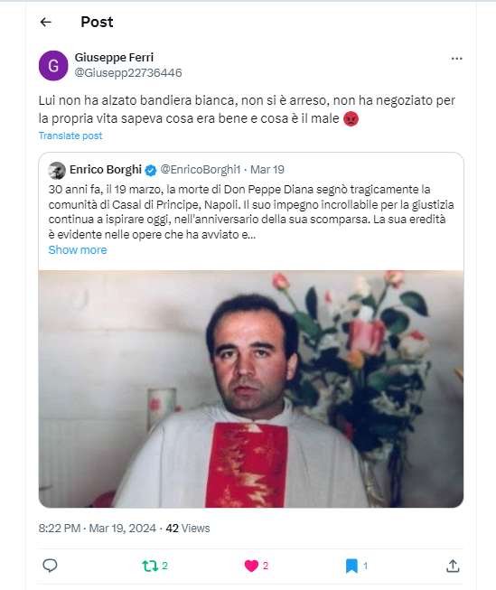 umapess24988053's tweet photo. 8 - #FightForTruth #FightForJustice #FightForRespect @Pontifex_it @TerzaLoggia 
Il SACRIFICIO di  #DonPeppeDiana  (19/03/1994), alla ricerca di verità, giustizia e rispetto, NON di “falsa testimonianza” / PROPAGANDA, disonestà e corruzione: “non ha alzato bandiera bianca, non si è arreso, non ha negoziato per la propria vita, sapeva cosa era bene e cosa è il male.” (vedi link e immagine: ricordo di Don Peppe Diana, martire della mafia) -

 #PapaRossobruno ? #DefendDemocracy 

https://t.co/j1SFMjVq4Y
8/n >>>