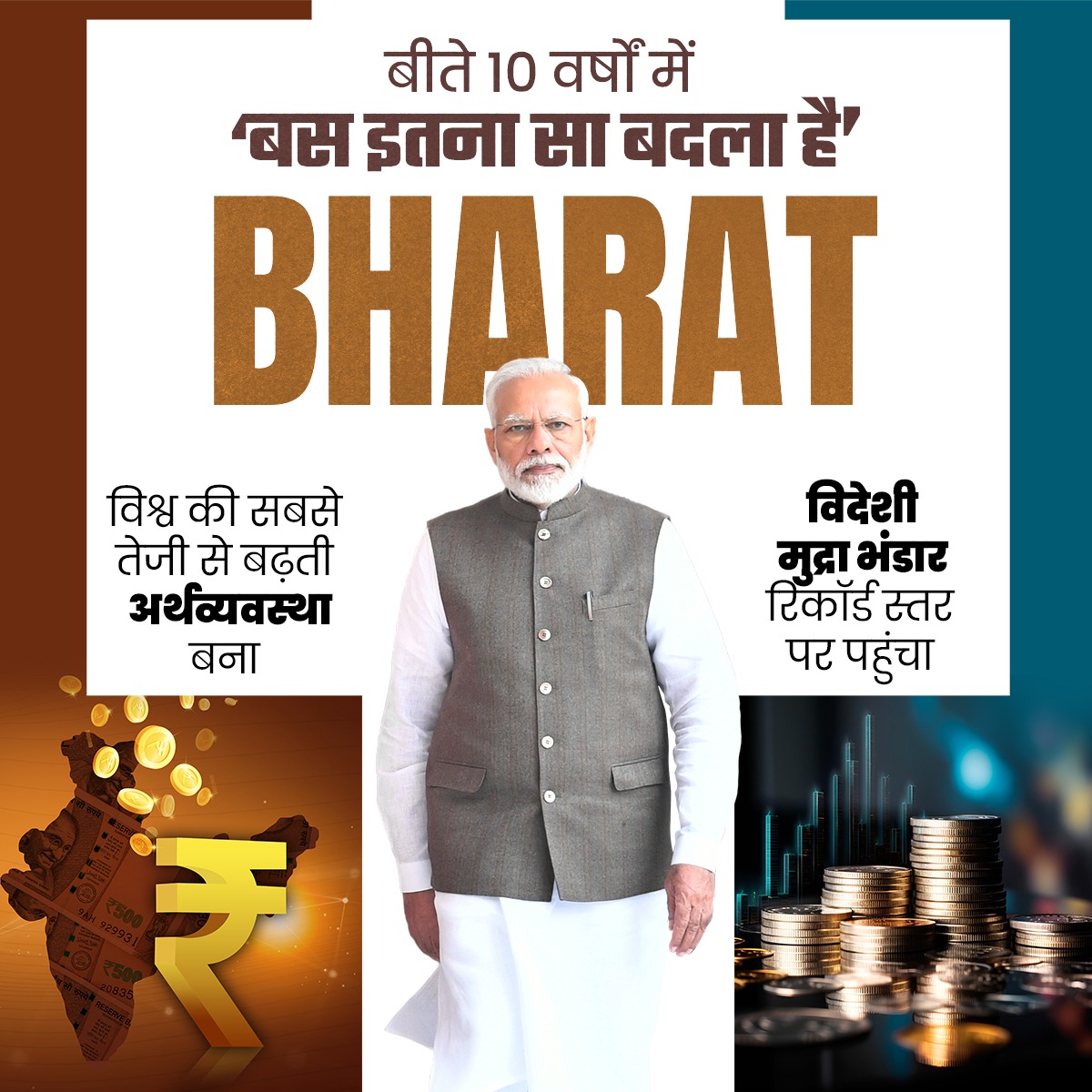In the past 10 years, 'Just this much has changed' BHARAT, the fastest growing economy, became the fifth-largest economy in the world; and reached record levels of foreign currency reserves. #Modi2024 #BJPHumuraSankalp