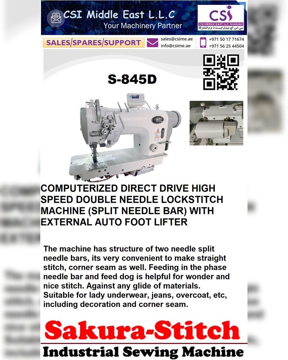 csi_east's tweet photo. SAKURA S-845D DIRECT DRIVE HIGH SPEED DOUBLE NEEDLE LOCKSTITCH MACHINE (SPLIT NEEDLE BAR) WITH TRIMER AND FOOT LIFTER
#sewing #sharjah #dubai #uaetiktok #abudhabi #alain #rasalkhaimah #burdubaifashionstreet #britex #highlead #sakurastitch #gerbertechnology #kayu https://t.co/W8FXOAkbGO